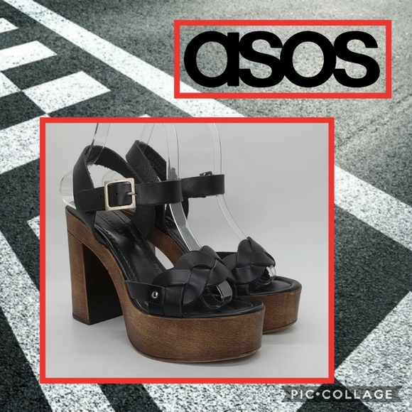 ASOS Black Leather Strappy Wood Platforms Size 8 - Picture 1 of 8